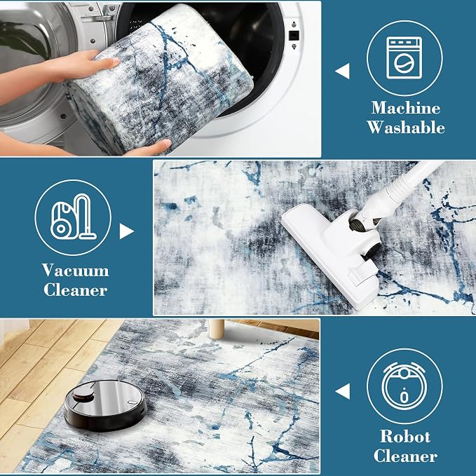 Area Rug 5x7 Washable Modern Abstract Rug for Living Room Water Ink Abstract Small Accent Carpets Low Pile Soft Bedroom Floor Covers Non Shedding Office Carpet Mat for Porch Kitchen， Blue