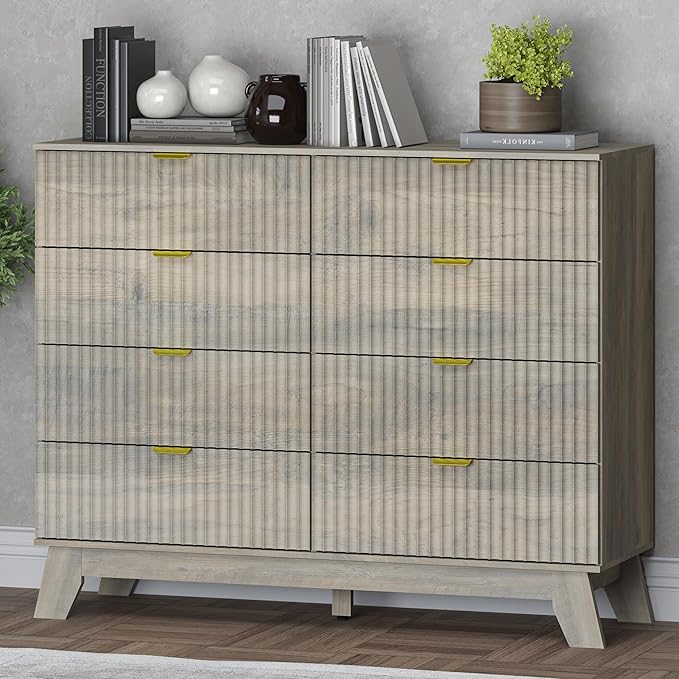 BORNOON Fluted 8 Drawer Tall Dresser, 47.2" Wide Modern Boho Chest of Drawers, Wooden Storage Dresser TV Stand for Bedroom, Living Room, Closet, Hallway, Curved Profile Design