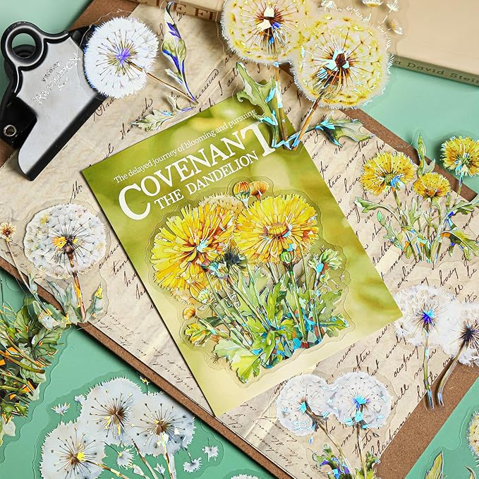 AuriicLeaf Dandelion Floral PET Stickers Set, 60PCS Holographic Botanical Flower Stickers for Scrapbooking, Journaling, DIY Crafts, and Art Supplies