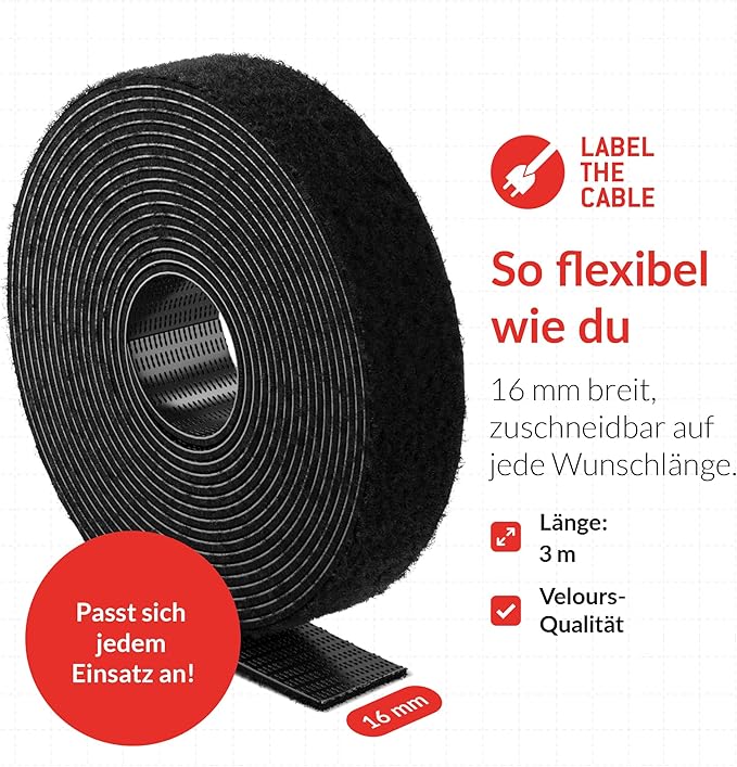 Label-the-cable Cable Management Ties Tape, Adjustable, Re-Useable/Cable Tidy/Hook and Loop Cord Organizer, Wire Management/LTC ROLL, 1 PCS, 3m x 16mm, Black, LTC 1210