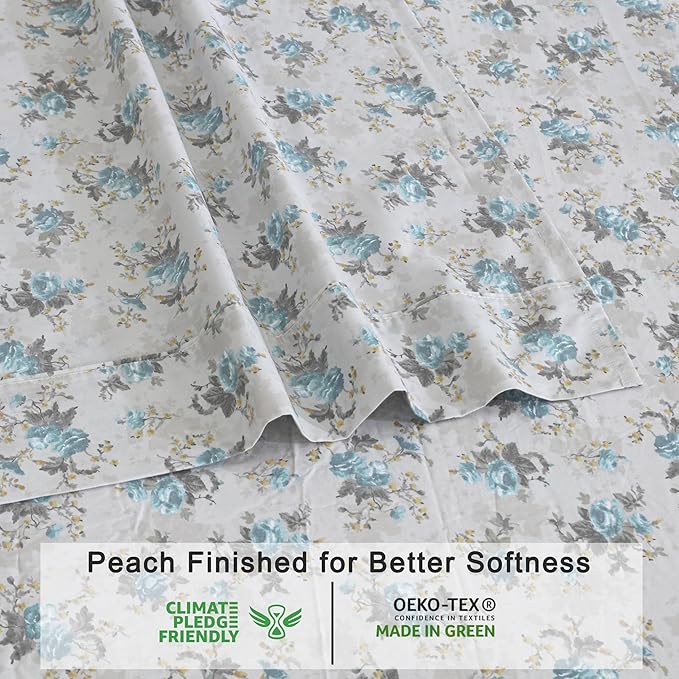RUVANTI 100% Organic Cotton Sheets Queen Size, Percale Weave, GOTS Certified, 4-Piece Set, Deep Pocket 15", Crisp & Breathable, Soft Durable Bedding, Sábanas Algodón Orgánico – Blue Rose