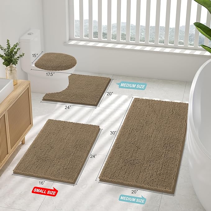 Smiry Luxury Chenille Bathroom Rugs 44x24, Extra Soft and Absorbent Shaggy Bath Mat, Machine Washable, Non-Slip Plush Carpet Runner for Tub, Shower, and Floor, Home Decor Accessories, Camel