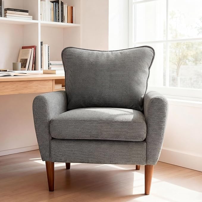 OLIXIS Comfy Accent Chair for Living Room Bedroom and Waiting Room, Upholstered Mid-Century Reading Chair with Pillow and Solid Wood Legs, Wide Singe Modern Lounge Sofa (Gray)