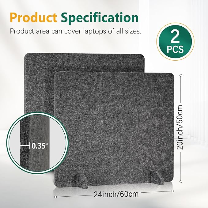 DOLLAR BOSS 2PCS Acoustic Desk Dividers 24" x 20", Soundproof Freestanding Privacy Panels for Table, Noise Reducing Desktop Partition for Office, Home, Classroom, Study Area with 20 Pushpins,Grey
