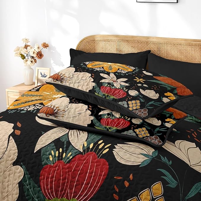 Quilt Set Full/Queen Size, Black Tropical Floral 3 Pcs Soft Bed Cover Bedding Set, Farmhouse Botanical Lightweight Bedspread Coverlet with 2 Pillow Sham for All Season