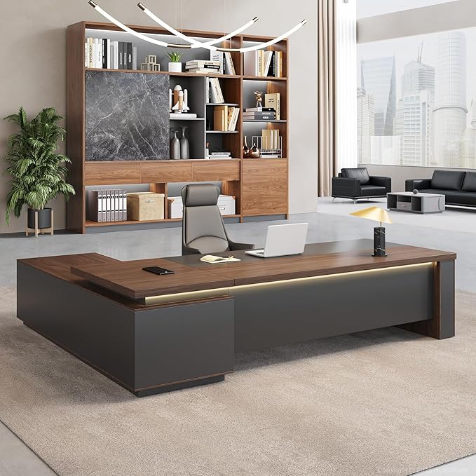 L-Shaped Executive Desk with LED Lights, Lockable Storage & 3-in-1 Charging Station, Reversible Cabinet, Modern Wood Office Desk for CEO, Manager & Home Office(Red Walnut+Black, 71"L*63"W*30"H)