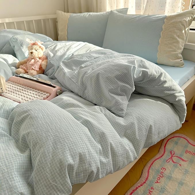 LifeTB Blue Gingham Duvet Cover Twin XL 3 Pieces Blue Plaid Comforter Cover with Chic White Lace Soft Microfiber Checkered Grid Duvet Cover with 2 Pillowcases Breathable Gingham Plaid Bedding Set