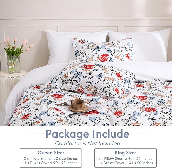 LONAVA King Flower 3 Pcs Duvet Cover Set, Breathable Soft Microfiber White Lining Comforter Cover with Zipper Closure, and 2 Anti-Pilling, Fade Resistant Pillowcases, Red Bud