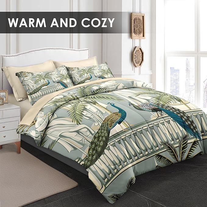 Comforter Set Twin Size, Peacock Bird Animal 5 Pcs Bedding for Kids and Adults, Floral Botanical Grey Green Bed Sheet Sets with Fitted Sheet Pillowcase & Sham for Bedroom Bed Decor