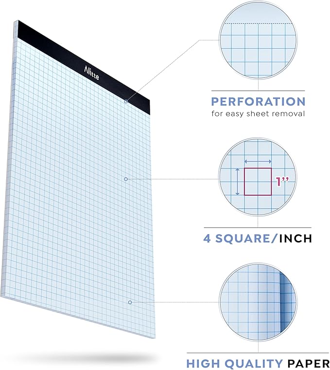 Alitte Graph Paper Pad, Pack of 1, White Letter Size - 4x4 Quad Grid Paper, Easy-Tear Perforations, 8.5 x 11 Cardboard Backing - Graph Notepads for School, Office -50 Sheets per Pad