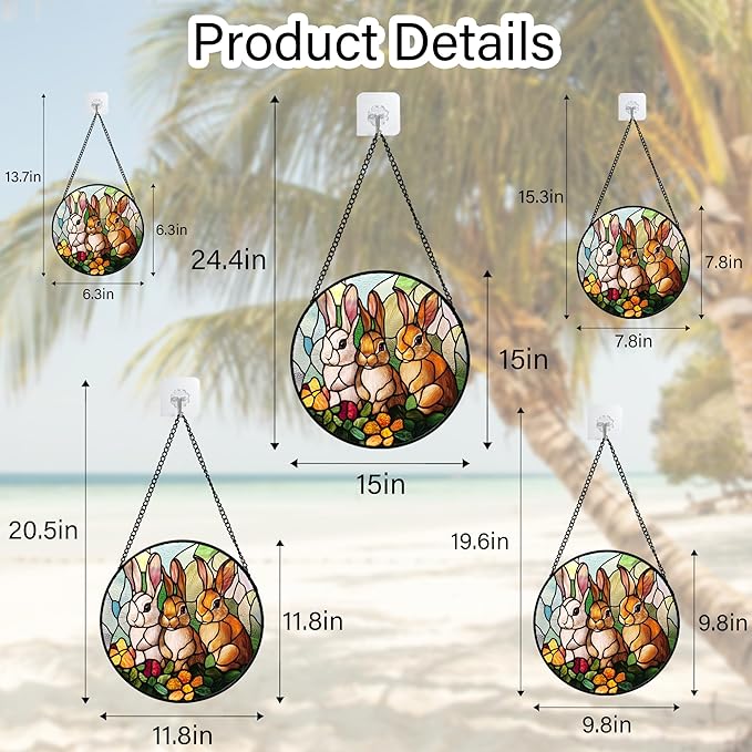 Stained Glass Window Hanging - 3 Cute Rabbits Suncatcher for Doors Garden Patio Bunny Sun Catchers Decor Christmas Mother's Day Birthday Teenager Gifts for Women Men Mom Nana Friend 6.3 in