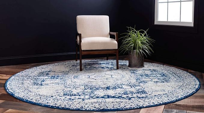 Unique Loom Bromley Collection Area Rug - Wells (3' 1" Round, Ivory and Blue/ Ivory)