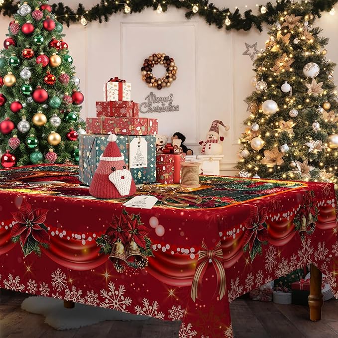 Eikione Retangular Tablecloth 152x220inch, Christmas Tablecloth Waterproof and Wrinkle-Free, Table Covers, Winter Decorations for Home Dining Red Floral