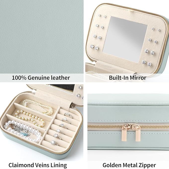Genuine Leather Travel Jewelry Organizer Case with Mirror for Women, Small Mini Portable Jewelry Box for Ring Earrings Necklace Bracelet Luxury Gift for Women（Light Blue）