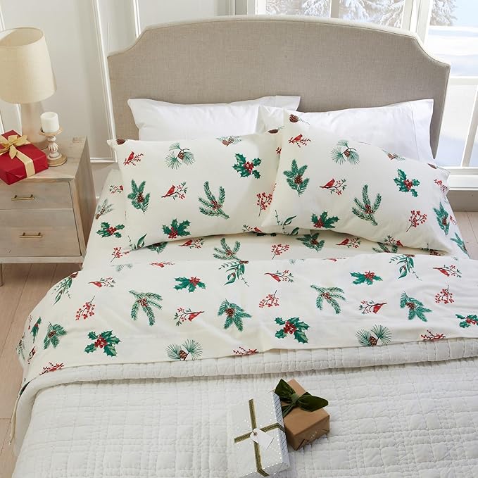 Market & Place 100% Cotton King Flannel Sheet Set | 4 Piece Deep Pocket Novelty Cozy Winter Bed Sheets | Double Brushed for Extra Softness & Comfort | Alpine Collection (King, Cardinal & Pine)