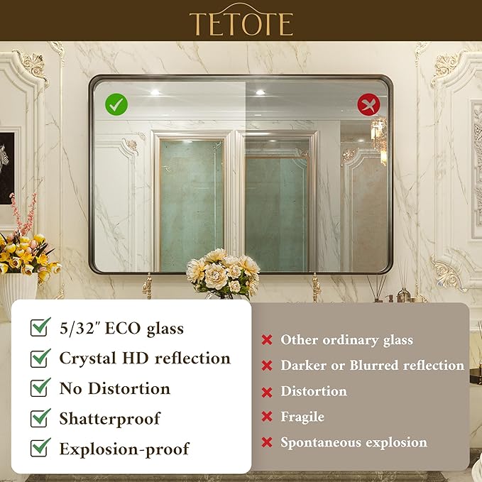 TETOTE 40 x 30 Inch Bathroom Mirror, Silver Framed Wall Mounted Brushed Silver Metal Rectangle Modern Vanity Mirror (Horizontal/Vertical)