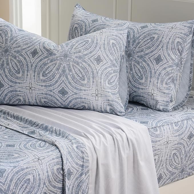 Zusbest Full Size Sheets 100% Percale Cotton Grey Bed Sheet, Brushed for Extra Softness, Breathable Luxury Flannel Like Sheets Modern Classic Navy Printed Deep Pocket Bed Set 17.5'' 4 Pcs