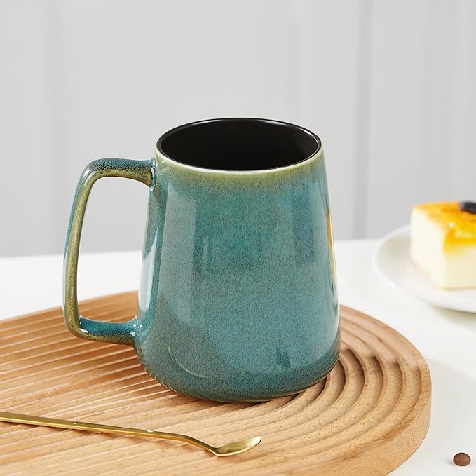 HYTYSKAR 24 OZ Extra Large Ceramic Coffee Mug, with Spoon and Wooden Lid, Big Tea Cups with a Large Handle for Office and Home, Microwave and Dishwasher Safe (24 oz Green Set)