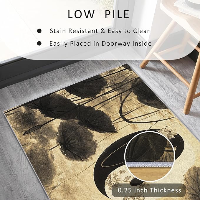 Yin Yang Lotus Leaf Runner Rug 3x7, Asian Yoga Design, Zen Spiritual Meditation Area Rug, Washable Carpet Runner for Bedroom, Standard Hallways, Kitchen Walkway, Dining Room Sideboard