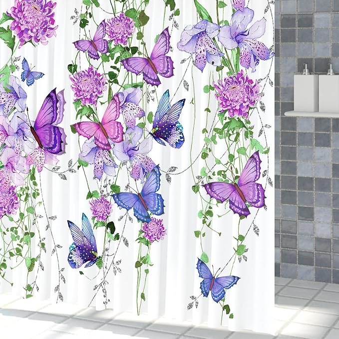 Violet Butterfly Floral Shower Curtain Spring Lavender Shower Curtain Lilac Pink Floral Bathroom Decor Waterproof Polyester Fabric with 12 Hooks,72x108 Inches