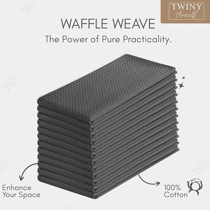TWINY threads Gray Waffle Kitchen Towel 4 Pack, 16x26 Inches, Premium 100% Cotton Kitchen Linen Set, Absorbent Dish Cloths for Cleaning and Drying Dishes, Machine Washable, Durable, Quick Dry, Grey