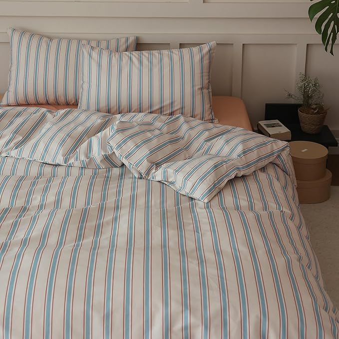 LifeTB Striped Comforter Set Queen Size, Fluffy Soft Blue Brown Stripes Pattern Printed Bedding Set, 3 Pieces Lightweight Bedding Comforter Set, Breathable Striped Bed Comforter with 2 Pillowcases