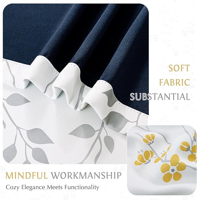 Beauoop Floral 100% Blackout Curtains 63 Inch Length 2 Panels for Bedroom Living Room Yellow Grey and White Flower Patterned Room Darkening Thermal Soundproof Grommet Window Treatments Drapes, 52X63