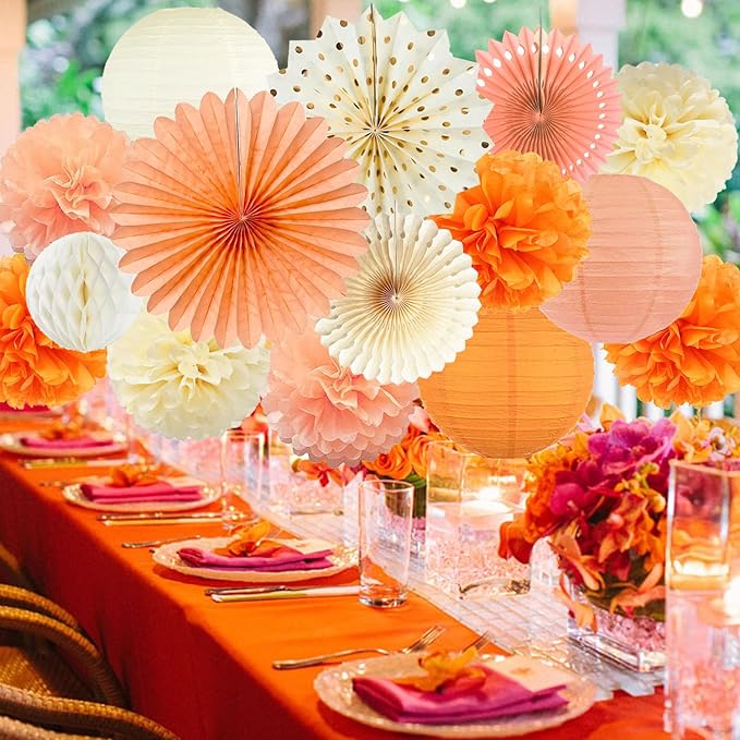 Beige Orange Peach Fall Boho Party Decorations Paper Lanterns Tissue Pom Poms Streamers Hanging Paper Fans for Autumn Harvest Birthday Thanksgiving Wedding Bridal Shower Baby Shower Party Decoration