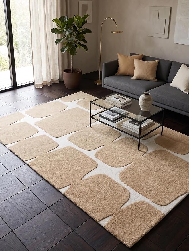 Restoration and Renovation Modern Wool Area Rug - Contemporary Abstract Geometric Design, Thick & Soft Hand-Tufted Carpet - Ideal for Indoor Decor in Living Room, Bedroom (Sand, 3' x 5')