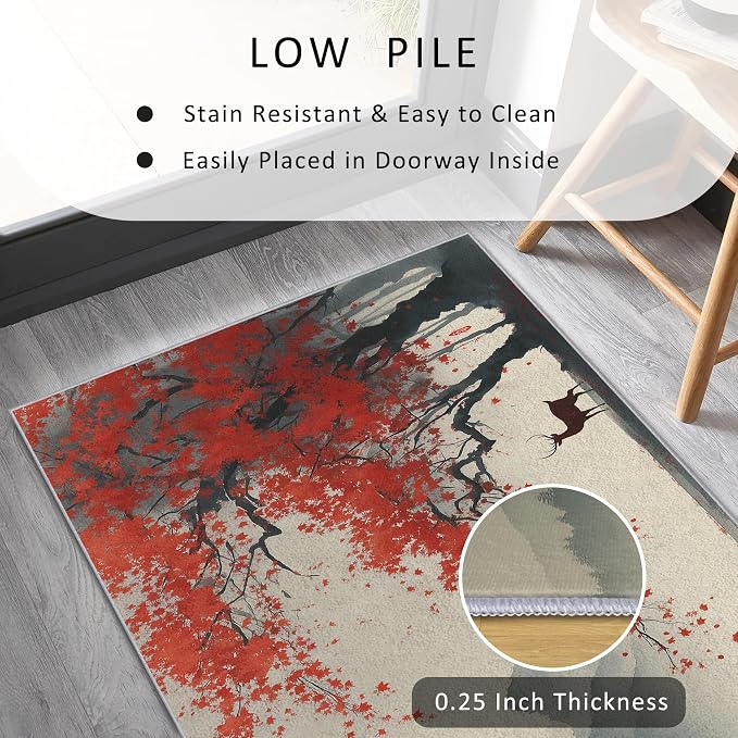 Asian Deer Runner Rug 3x7, Japanese Ink Design, Chinese Area Rug, Washable Carpet Runner for Bedroom, Standard Hallways, Kitchen Walkway, Dining Room Sideboard