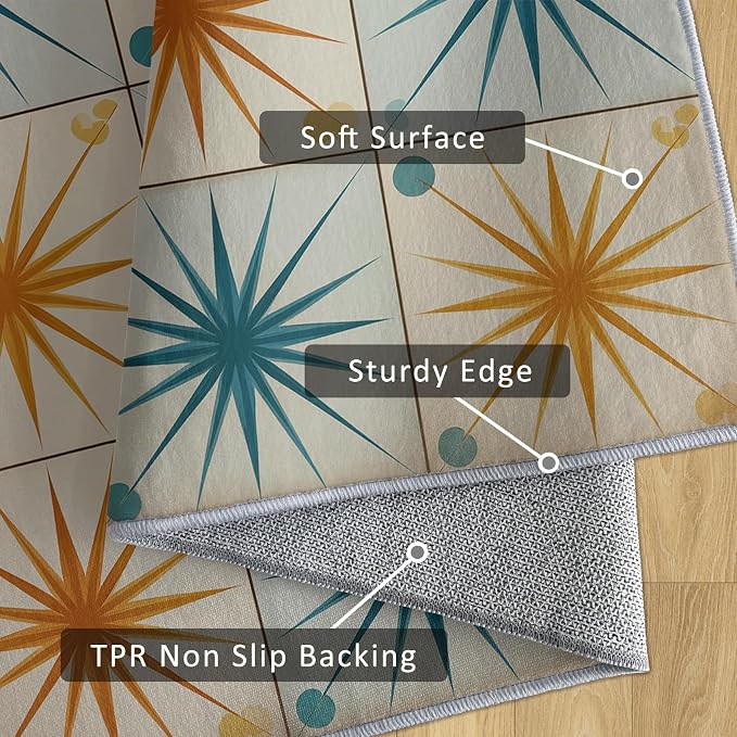 Starburst Rug 4x6 Mid Century Atomic Checkboard Distressed Pattern Area Rugs for Living Room, Bedroom, Starburst Home Decor Accessories Indoor Carpet, Non Slip & Machine Washable