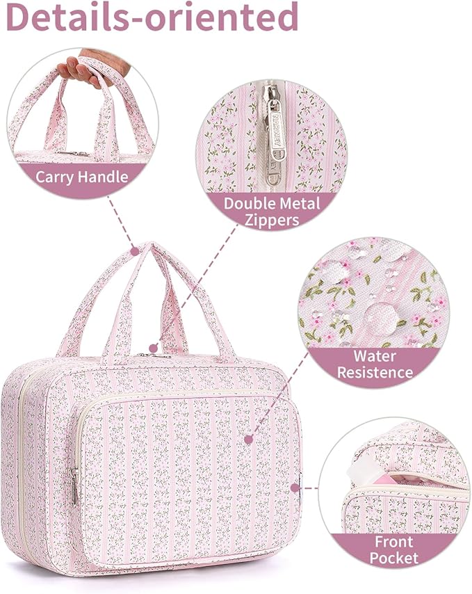 Narwey Travel Toiletry Bag for Women Large Hanging Makeup Bag Organizer Toiletries Bag for Full Size Essentials Accessories Cosmetics (Pink Flower Buds (Large))