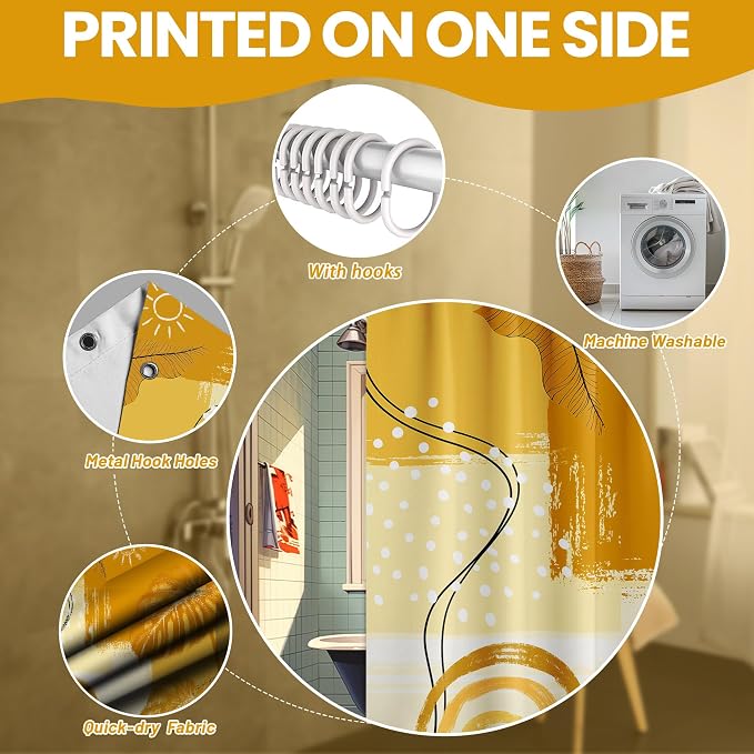 Extra Tall Shower Curtain XL Boho Mid Century Modern, 70 x 78 Inchs | for Extra Long 78 Inchs Shower, Yellow Abstract Pattern Design, Large Bathroom Decor Sets Waterproof Cloth Fabric, with Hooks