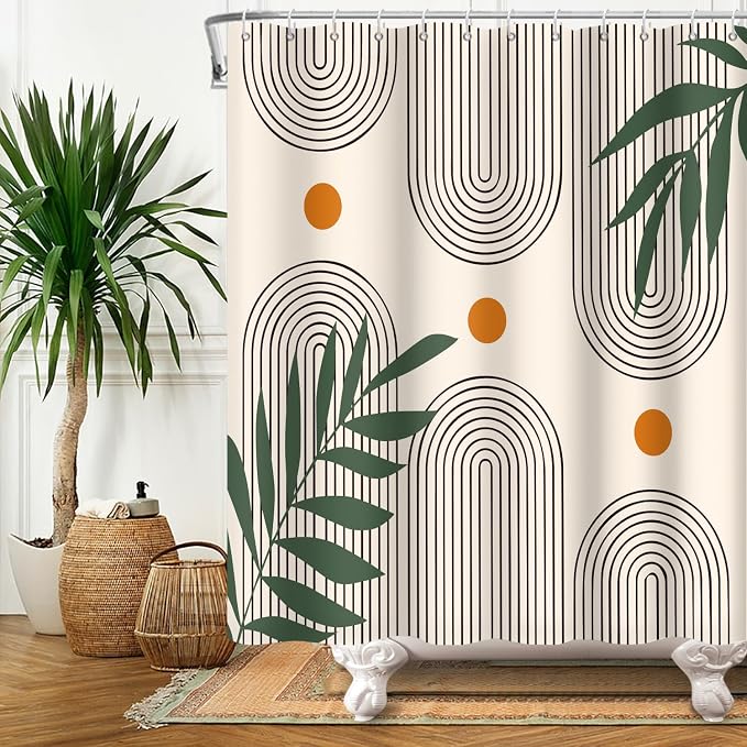 Boho Mid Century Shower Curtain Bohemian Minimalist Geometric Arch Sun Bathroom Curtain Sage Green Plant Polyester Shower Curtain Sets for Bathroom Extra Long 69x70 in with 12 Hooks
