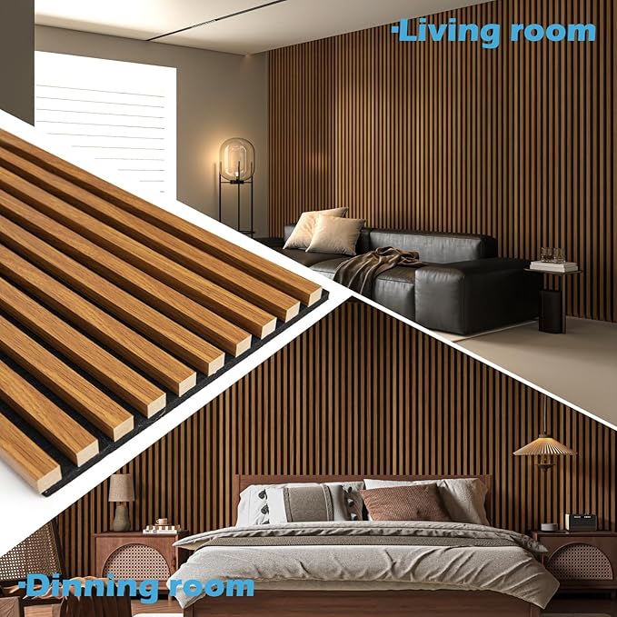 Art3d 4-Pack 108" x 12" Acoustic Wood Panels for Wall, Soundproof Wood Slat Panel for Wall and Ceiling, 3D Fluted Sound Absorbing Paneling for Interior Wall Decor, Living Room, Bedroom - Teak