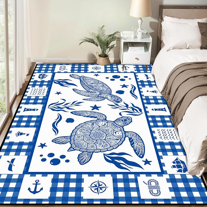 Sea Turtle Rug Coastal Ocean Print Floor Mat Blue and White Plaid Area Rug for Bedroom Living Room Nursery Kitchen Playroom Home Decor Non-Slip Washable Carpet,6'x9'