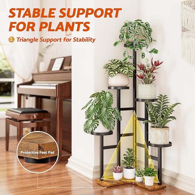 5 Tiered Plant Stand Indoor with 7.1 Inch Wide Tray, Corner Metal Plant Stand Outdoor Tall Flower Holder Stand, Tall Rack for Display Shelf for Patio Porch Office LivingRoom - BlackDisk