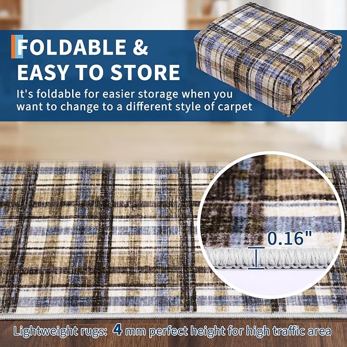 Washable Rug 9x12 Area Rug for Living Room Modern Bedroom Rug Large Area Rug Non Slip Throw Rugs Soft Low Pile Stain Resistant Carpet for Dining Room Department Dorm, 9'x12' Blue&Camel