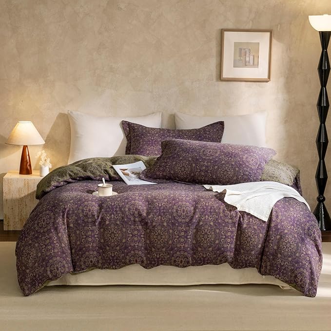 mixinni Purple Green Floral Duvet Cover Queen Size, Elegant Double-Layer Yarn Premium Cotton Vintage Duvet Cover Set, Exquisite Jacquard Design Bedding Set with 2 Pillowcases Perfect for Him and Her