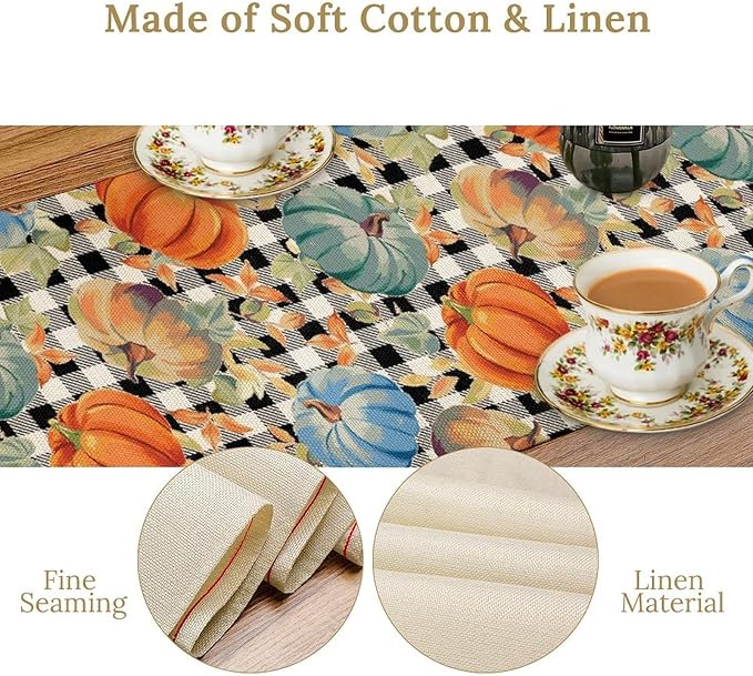 Fall Pumpkin Table Runner Black White Plaid Maple Leaves Watercolor Illustration Rustic Thanksgiving Home Decor for Farmhouse Indoor Outdoor Party Holiday Dining Kitchen Restaurant Cafe W13xL90in
