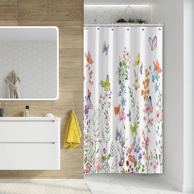 Spring Floral Butterfly Shower Curtain Summer Colorful Wildflowers Botanical Shower Curtain for Rustic Vintage Bathroom Decor Easter Shower Curtain Set 54x72 Inches