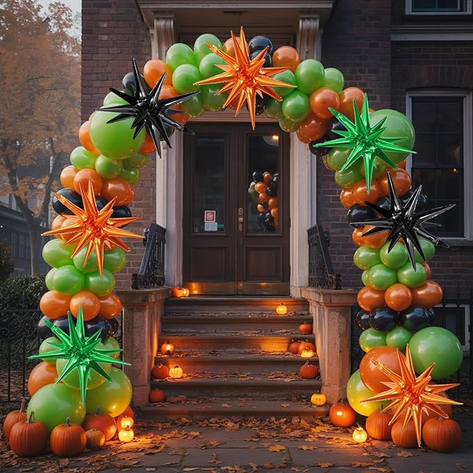 Black Green Orange Star Balloons,9Pcs 22Inch Black Orange Green Explosion Spike Cone Helium Polyester Film Star Foil Balloons for Halloween Birthday Baby Shower Party Decorations