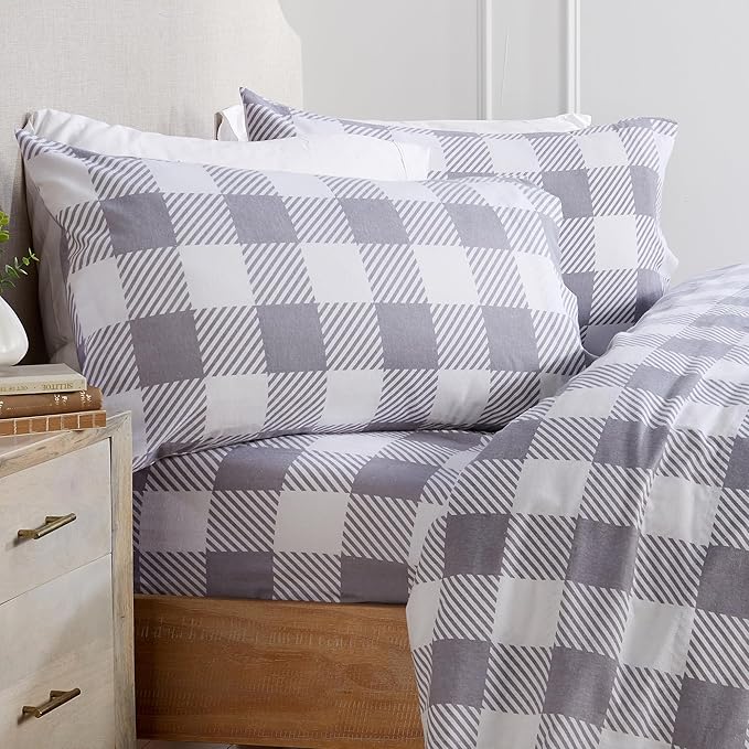 Market & Place 100% Turkish Cotton Flannel Sheet Set | 3 Piece Deep Pocket Novelty Cozy Winter Bed Sheets | Double Brushed for Extra Softness & Comfort | Alpine Collection (Twin, Buffalo Check Grey)