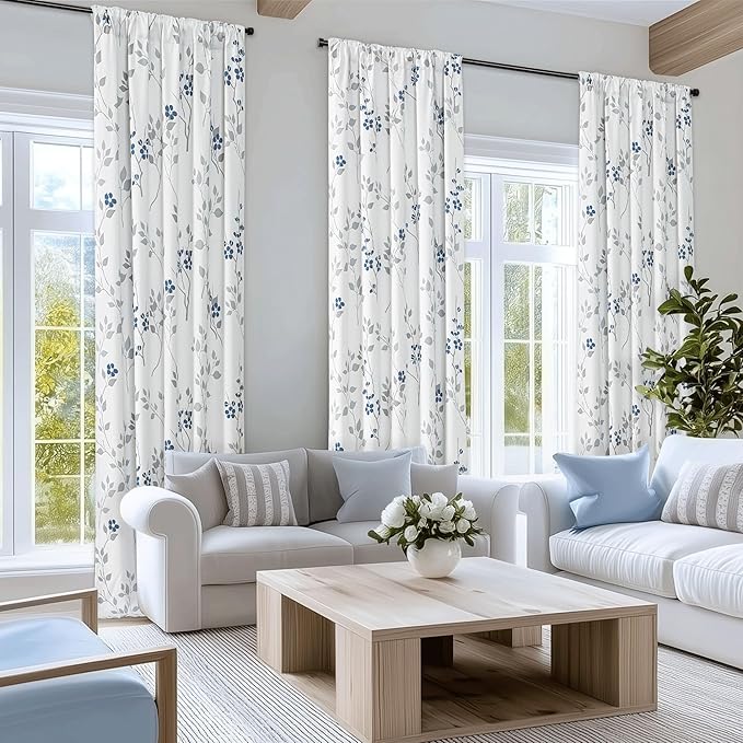 Beauoop Floral 100% Blackout Curtains 63 Inch Length 2 Panels for Bedroom Living Room Blue Grey and White Flower Patterned Room Darkening Thermal Soundproof Rod Pocket Back Tab Window Drapes, 52X63
