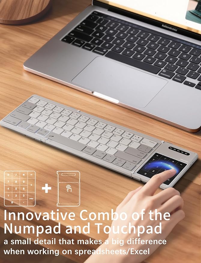 Nillkin Upgraded Foldable Bluetooth Keyboard with Touchpad & Number Pad, Portable Wireless Keyboard for Travel, Pocket-Sized, Full Size Keys, Support 3 Devices for iPad Laptop Tablets Phone, Gray