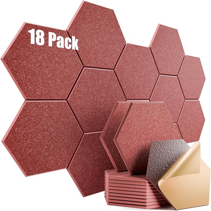 18 Pack Self-Adhesive Acoustic Panels 12" X 10" X 0.4" - Sound Proof Foam Panels for Wall with High Density, Hexagon Design, Flame Resistant, Absorb Noise and Eliminate Echoes(Red)