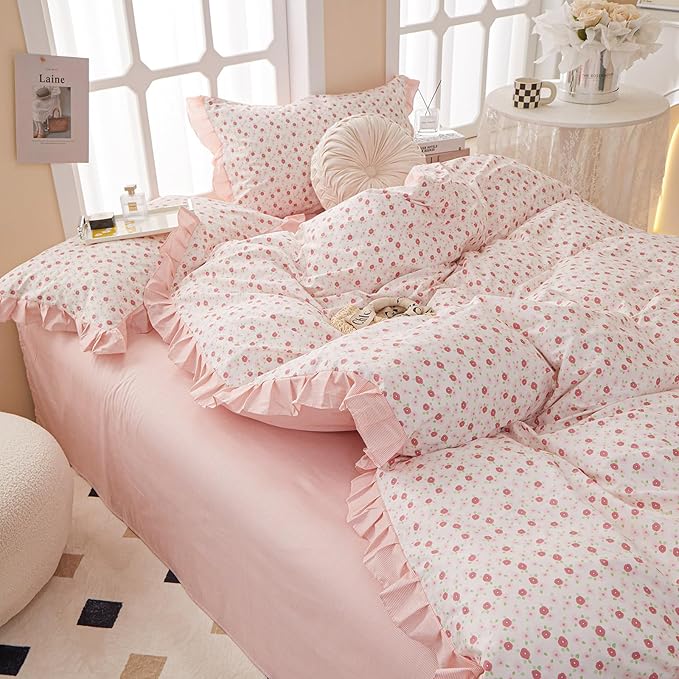 Floral Ruffe Duvet Cover King Garden Flower Print Lace Duvet Cover 100% Cotton Girls Floral Comforter Cover Reversible Pink Striped Ruffle Comforter Cover Romantic Lace Princess Bedding Set King
