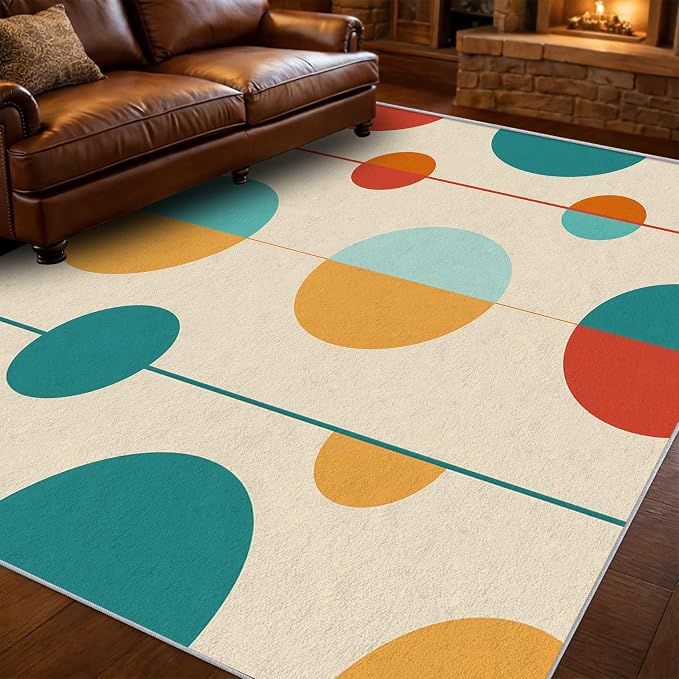 Mid Century Modern Area Rug 4x5, Washable Non Slip Low Pile Abstract Geometric Carpet for Living Room Bedroom Dining Room, Minimalist Retro Circle Accent Rug, Ivory Teal Mustard Orange