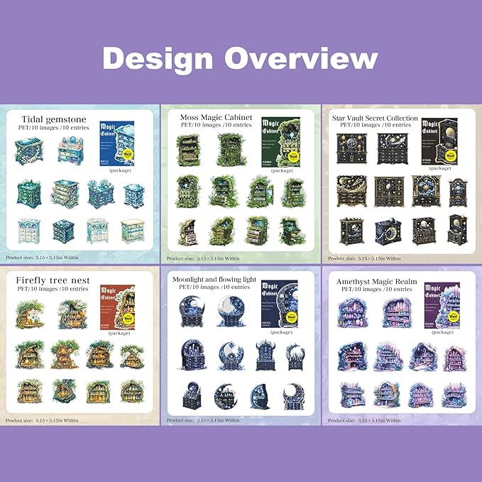 AuriicLeaf Magic Cabinet PET Stickers Set, 60PCS Fantasy Journal Stickers for Scrapbooking DIY Crafts Planner