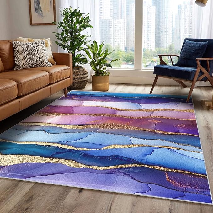 Irregular Marble Abstract Area Rug, Blue Purple Gold Pattern Carpet, Washable Non Slip Low Pile Soft Thin, Living Room Bedroom Home Decor Mat 5x7ft